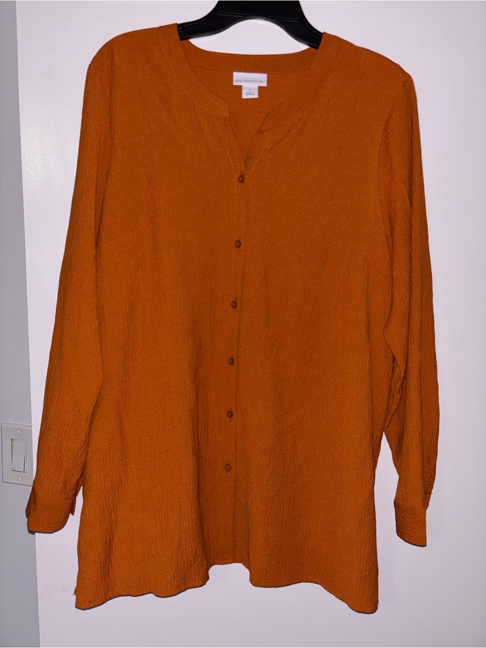 Liz Claiborne crinkle-textured tunic shirt fall burnt orange rust color Sz L